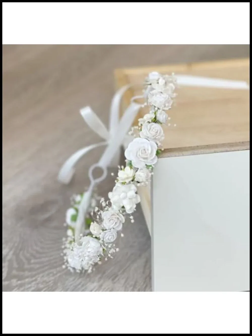Handmade Flower Crown Baby's Breath Paper Hair Wreath with Satin Ribbon
